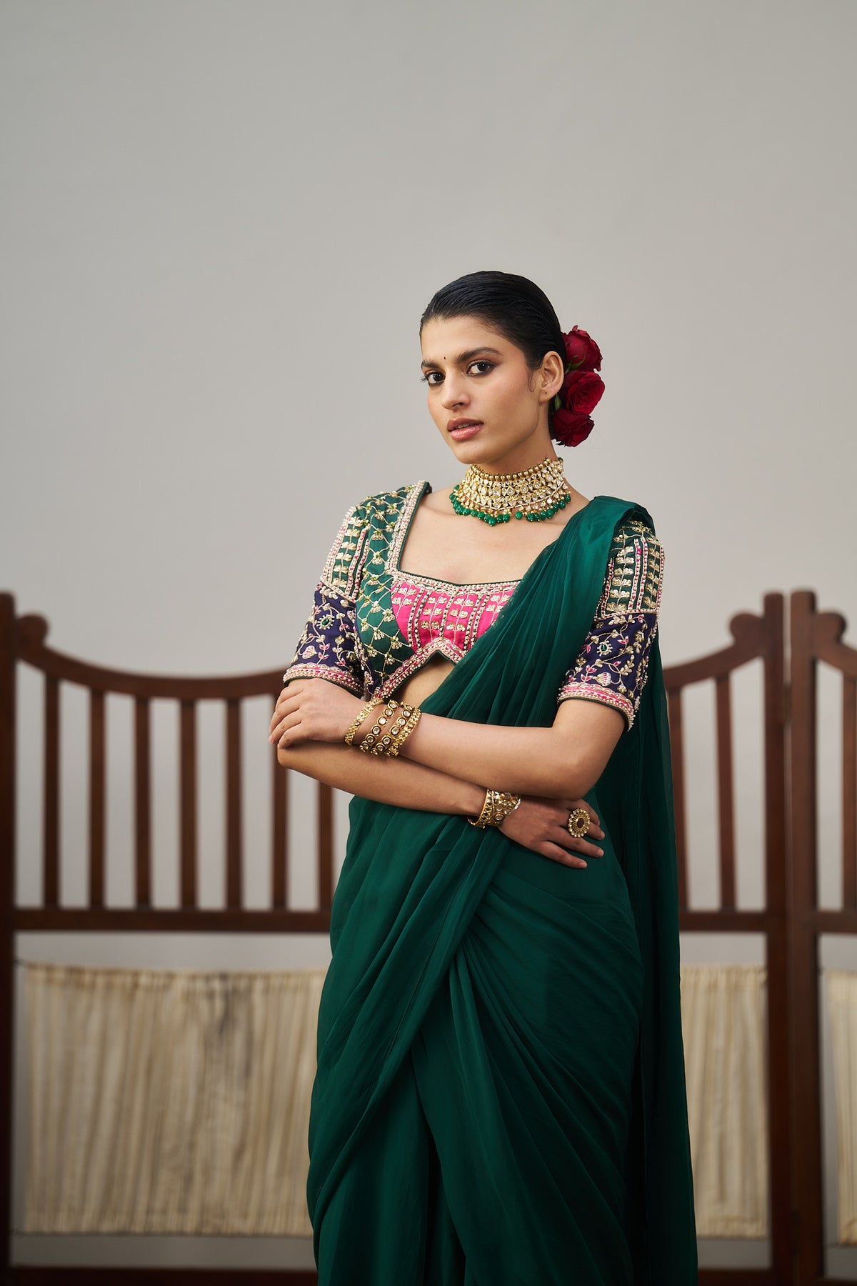 Dark Green Organza Drape Saree Set
