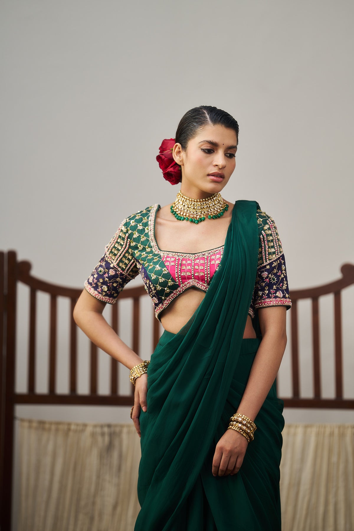 Dark Green Organza Drape Saree Set