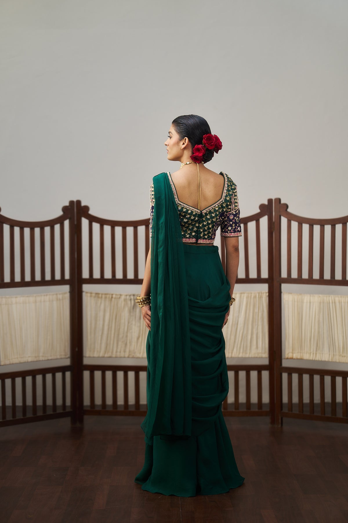 Dark Green Organza Drape Saree Set