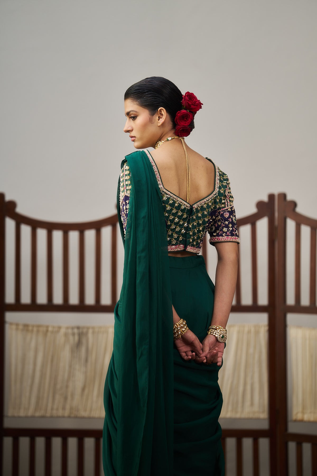 Dark Green Organza Drape Saree Set