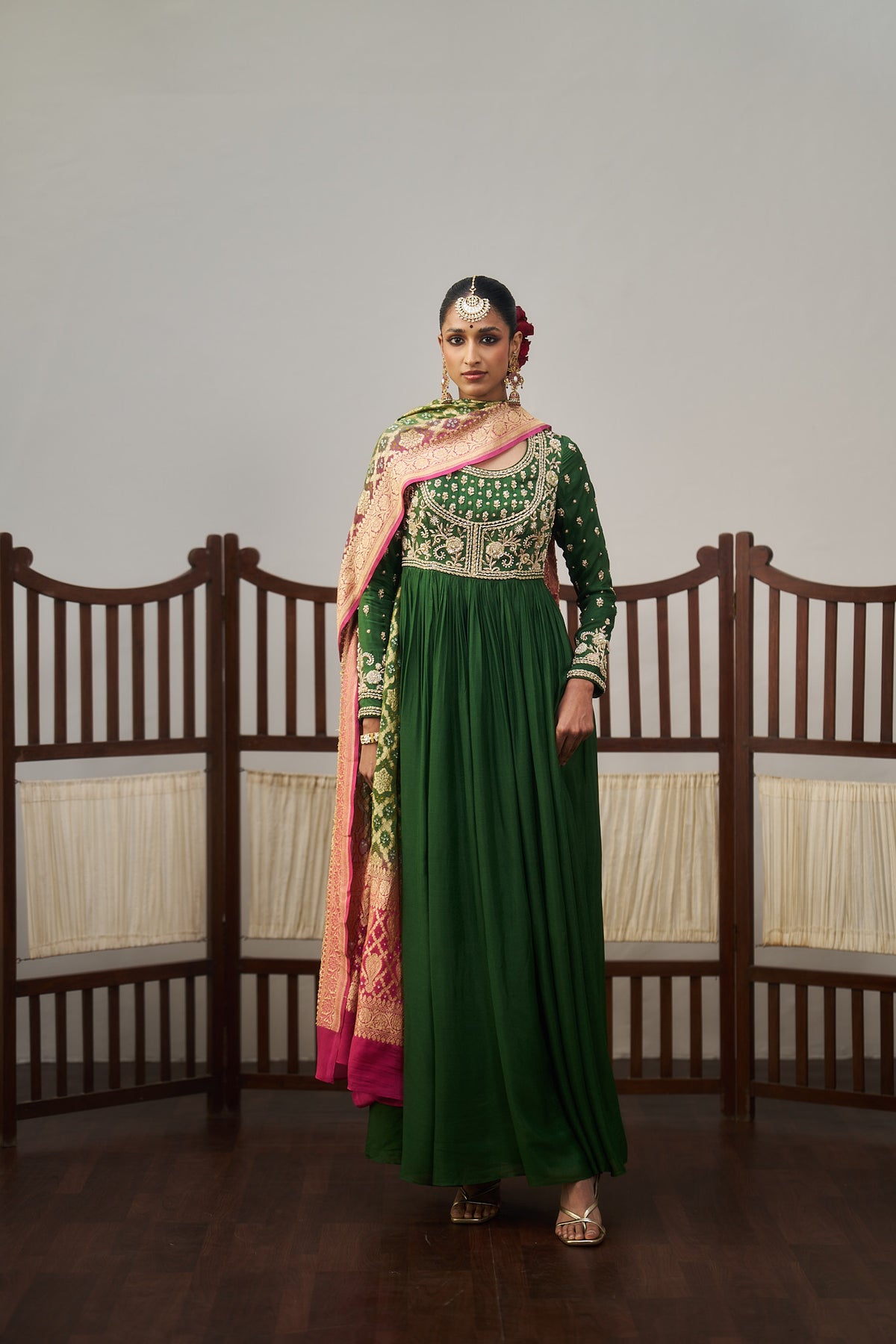 Dark Green Anarkali And Banarasi Bandhani Dupatta Set