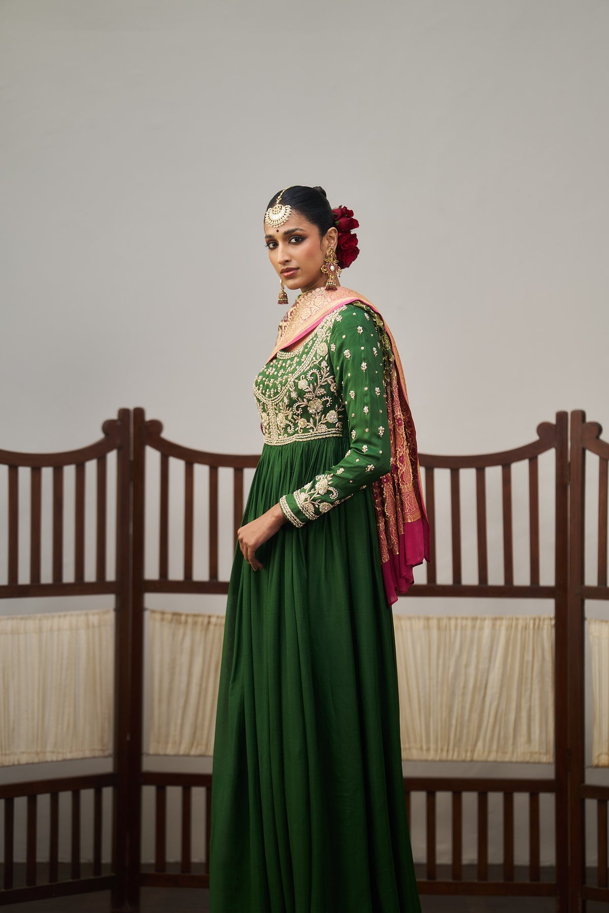 Dark Green Anarkali And Banarasi Bandhani Dupatta Set