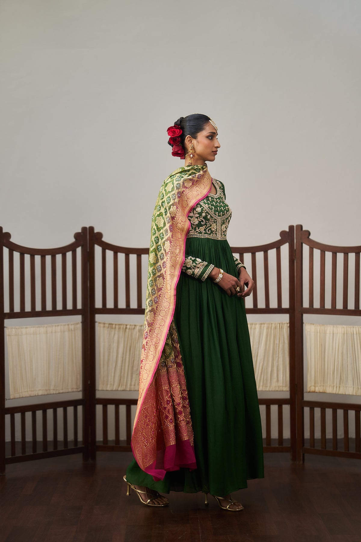 Dark Green Anarkali And Banarasi Bandhani Dupatta Set