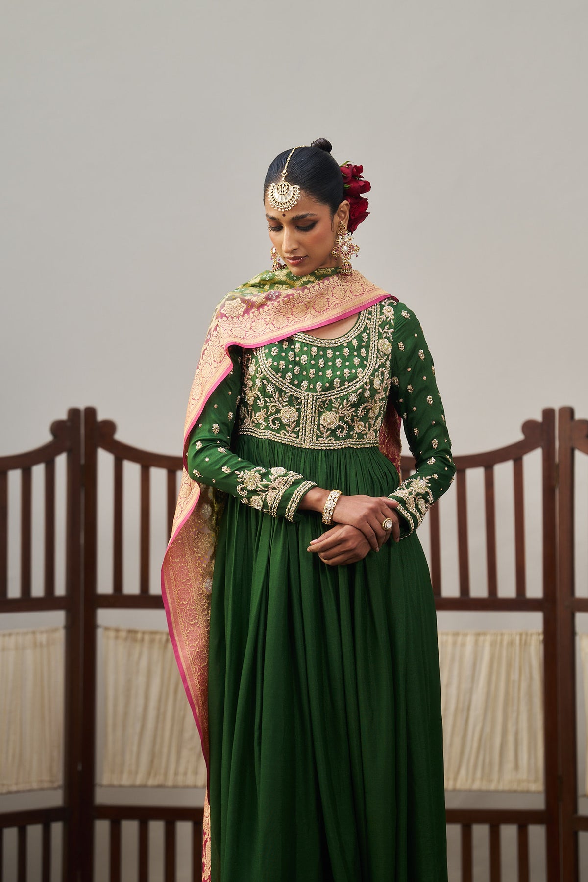 Dark Green Anarkali And Banarasi Bandhani Dupatta Set