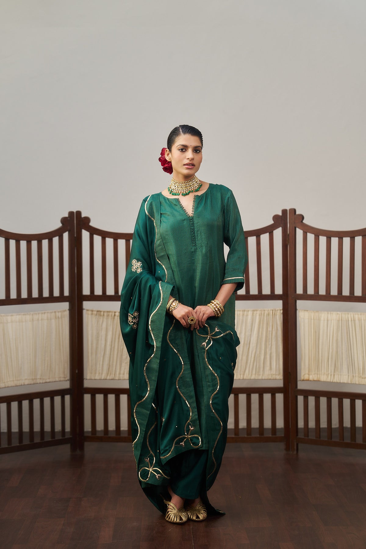Dark Green Stripe Dazzling Kurta Set