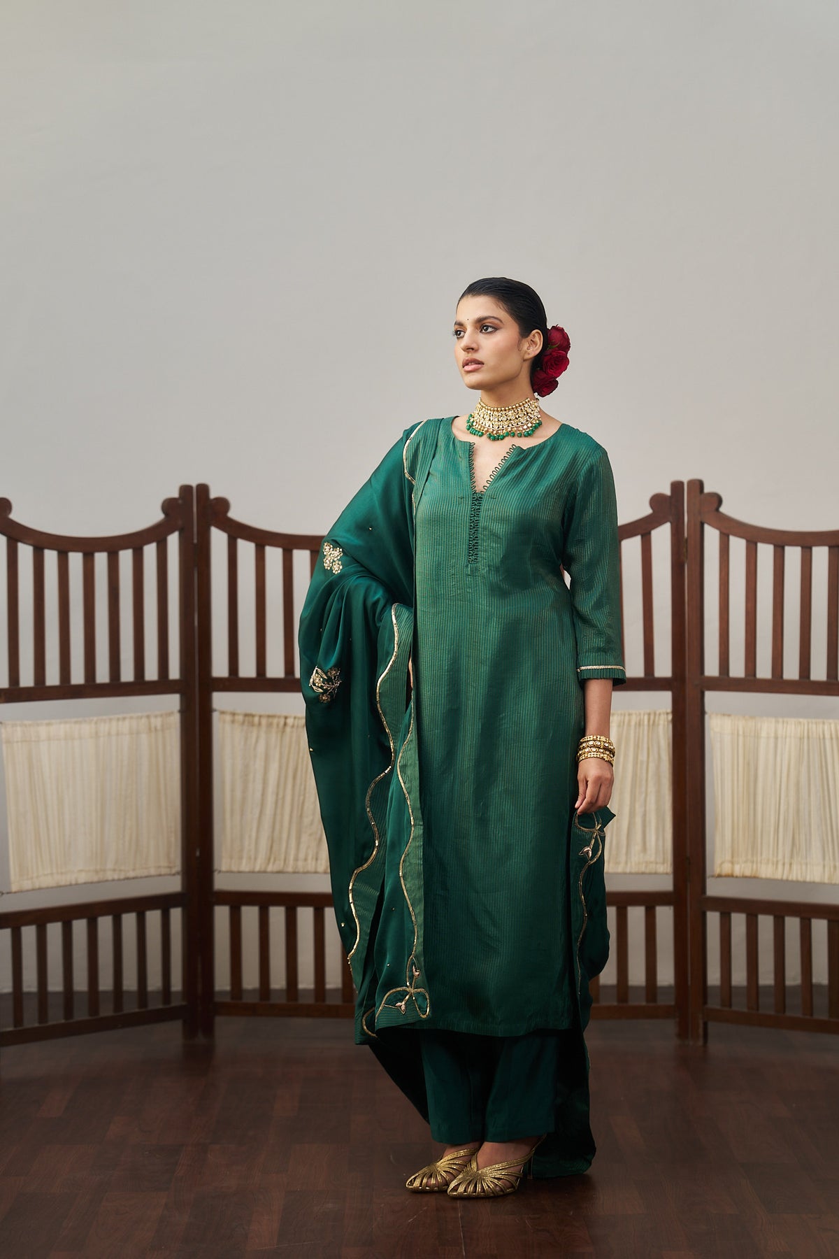 Dark Green Stripe Dazzling Kurta Set