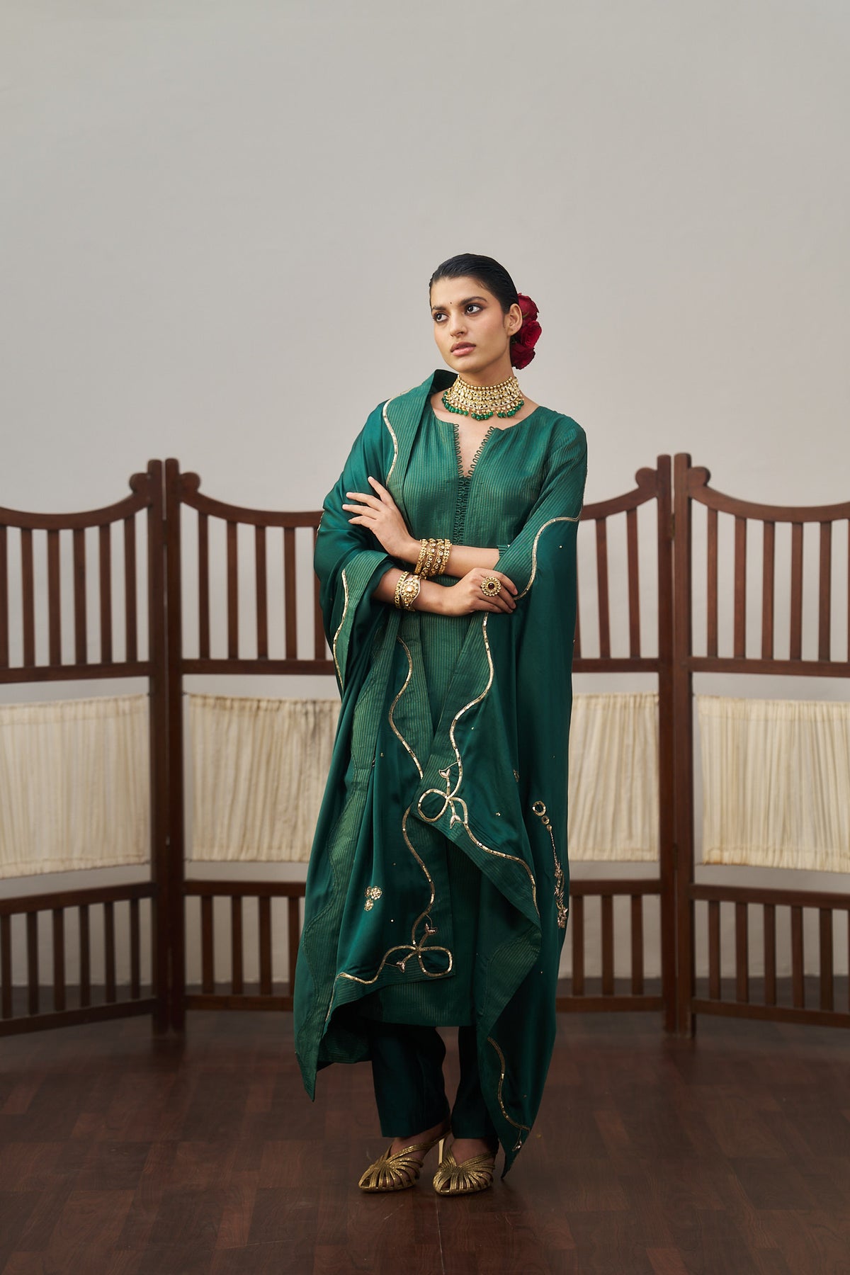 Dark Green Stripe Dazzling Kurta Set