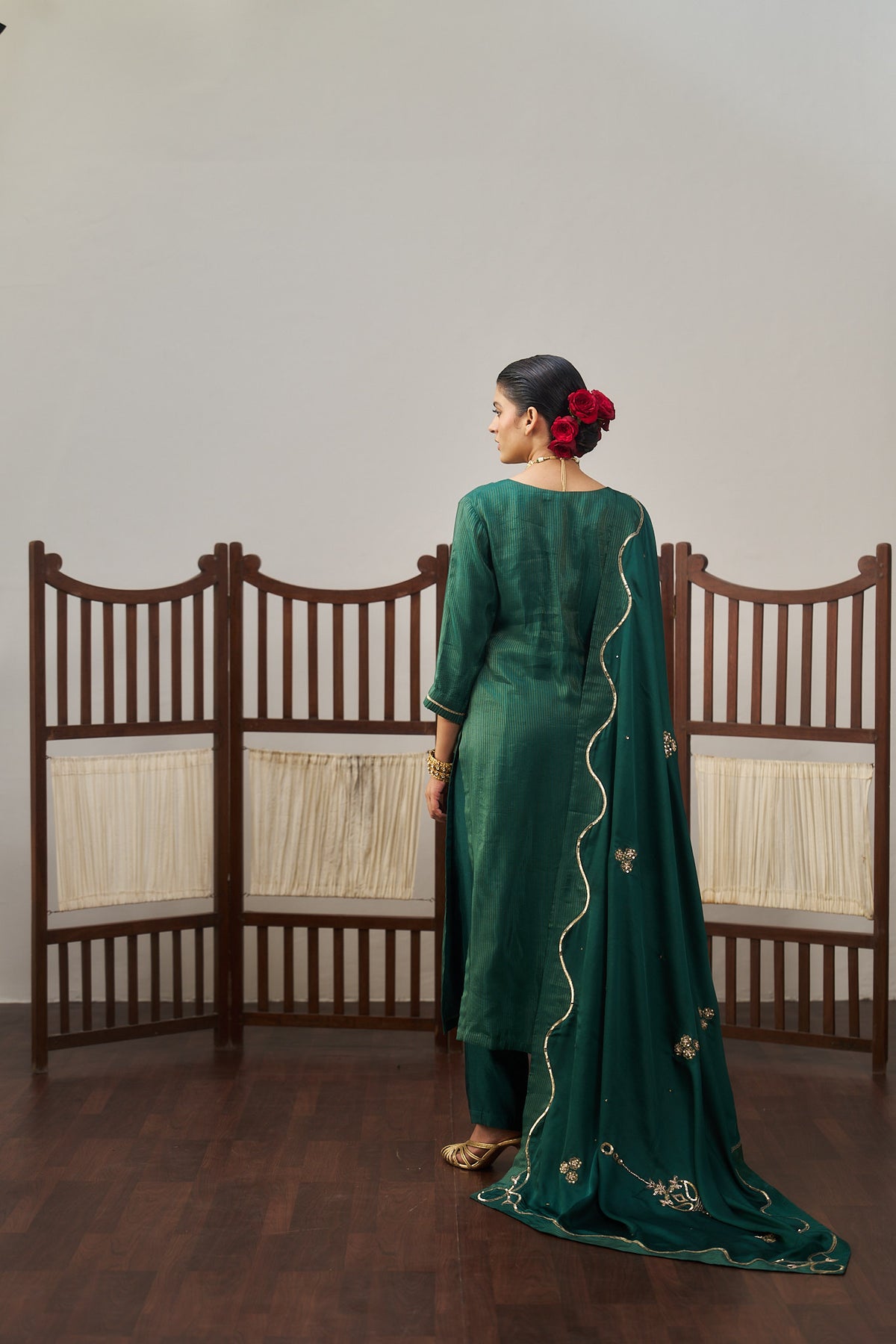 Dark Green Stripe Dazzling Kurta Set