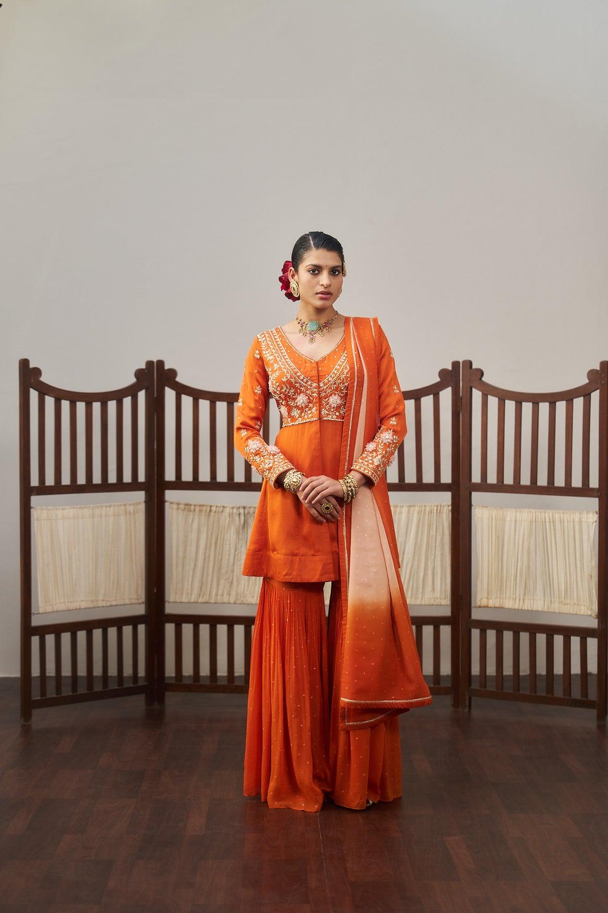 Orange Short Kurta And Sharara Set