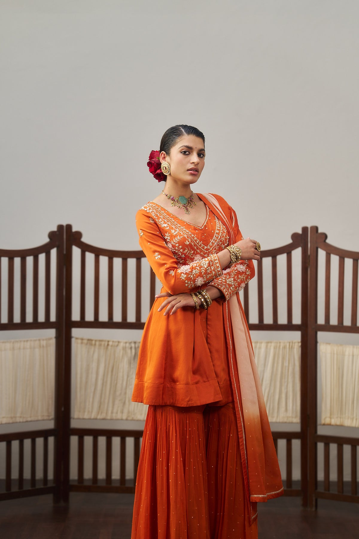 Orange Short Kurta And Sharara Set