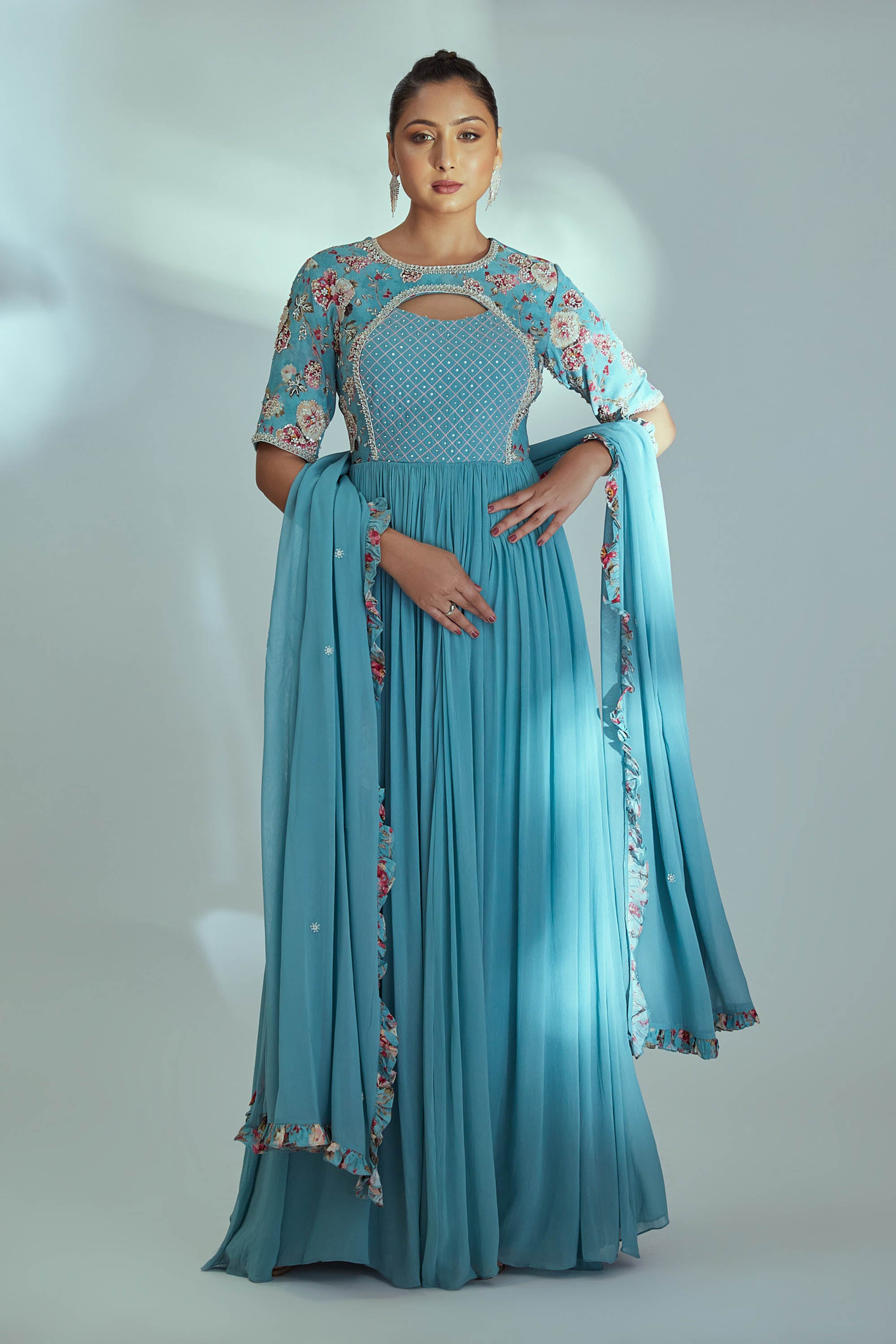 Blue Floral Printed Anarkali Set