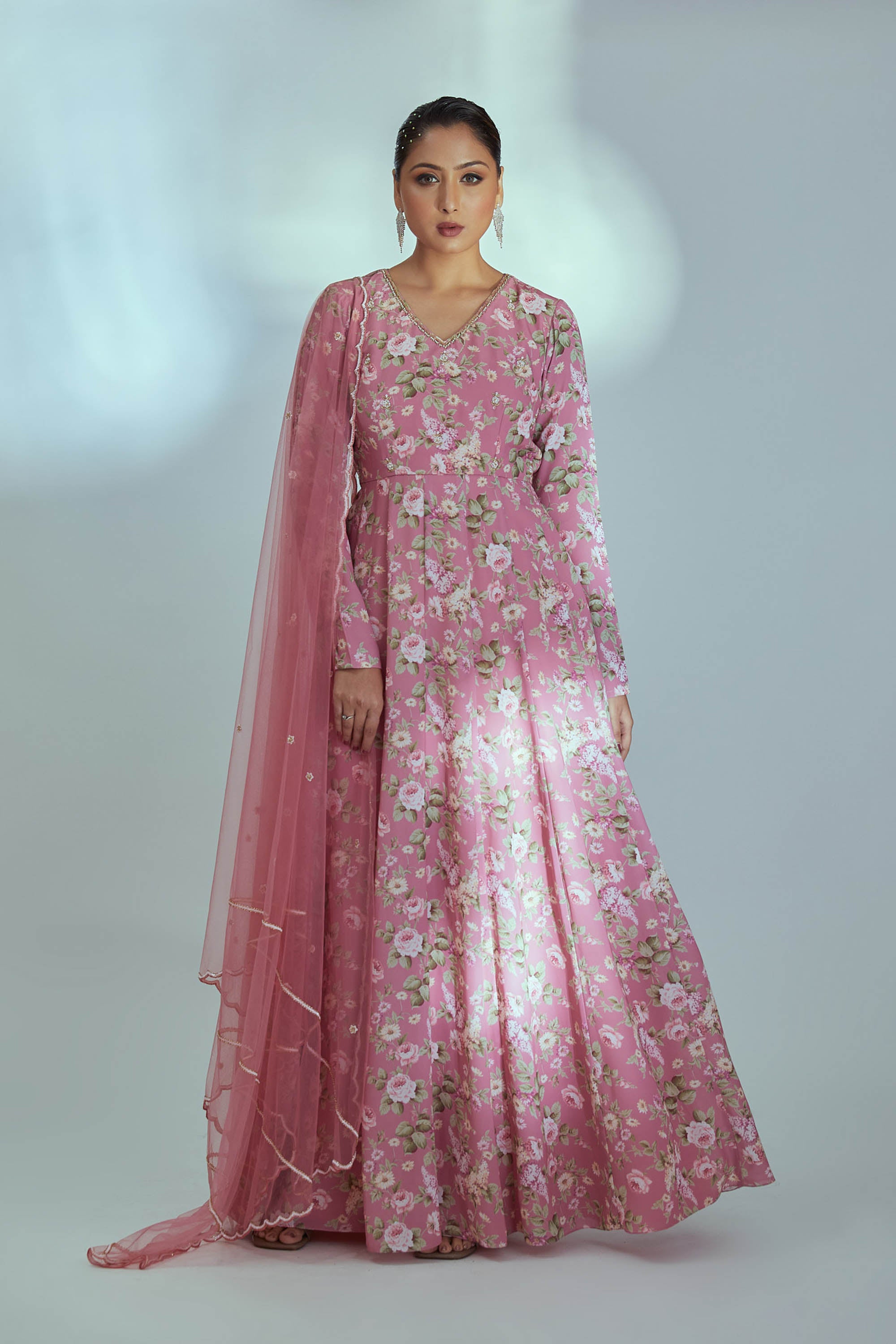 Pink Printed Anarkali Set