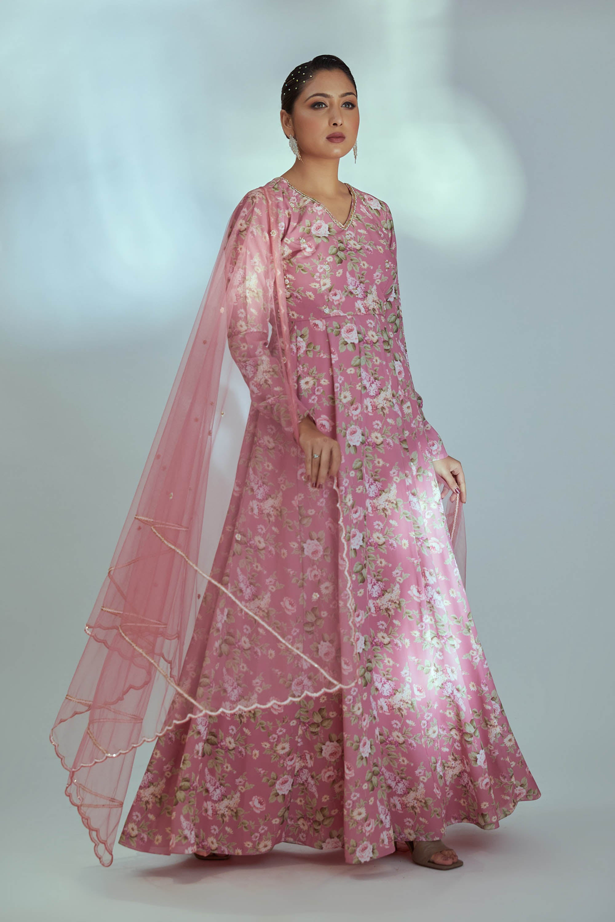 Pink Printed Anarkali Set