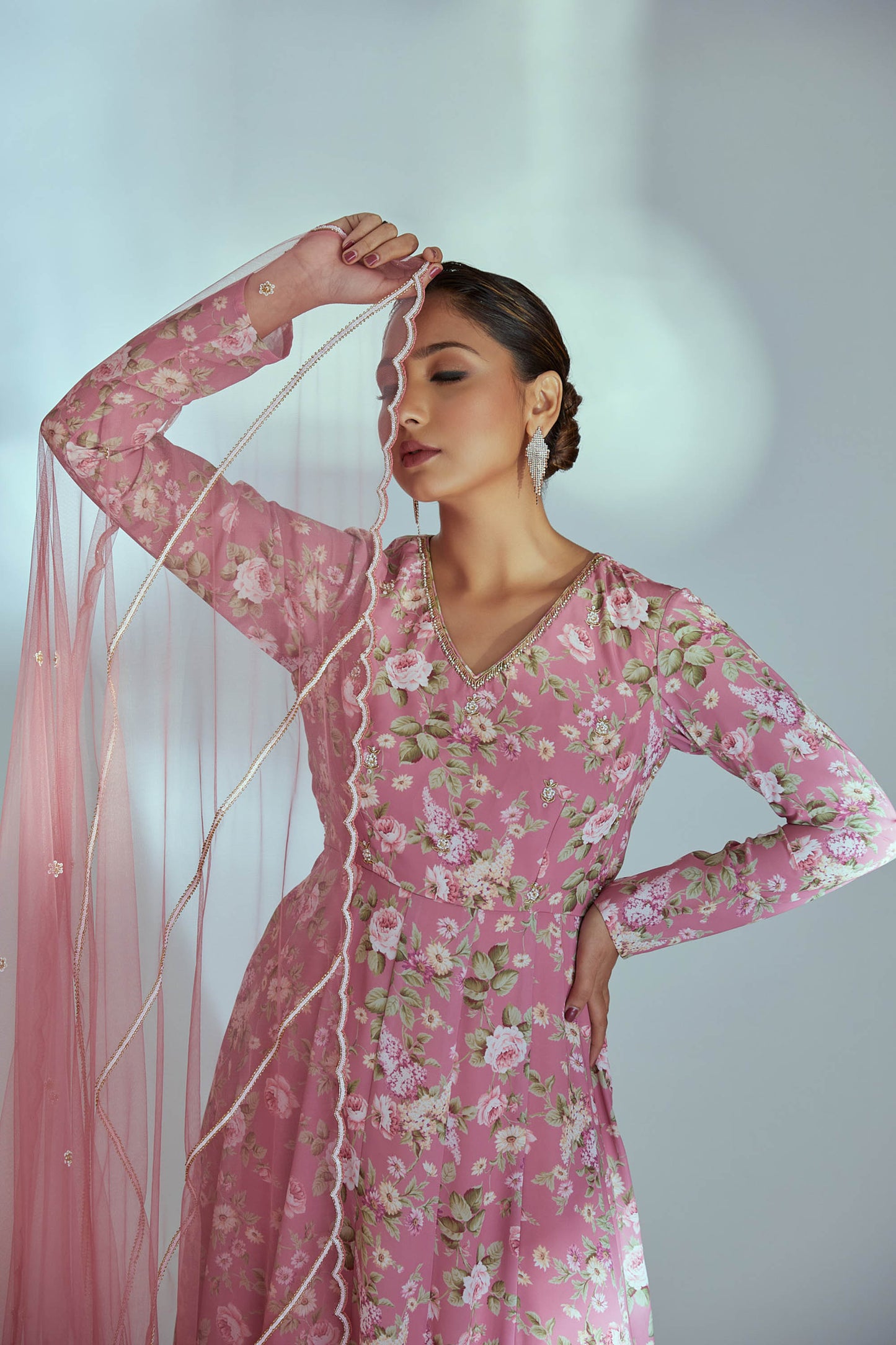 Pink Printed Anarkali Set