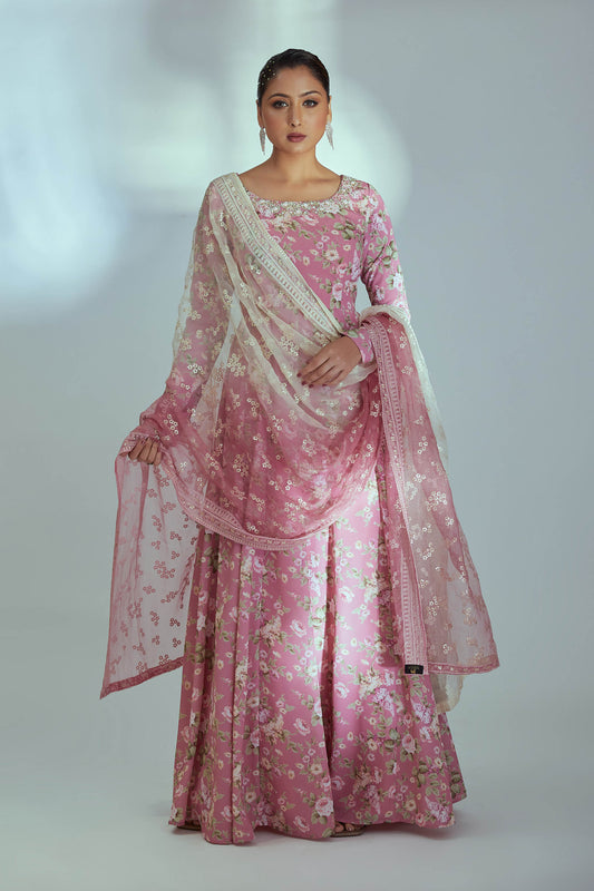 Pink Georgette Printed Anarkali Set