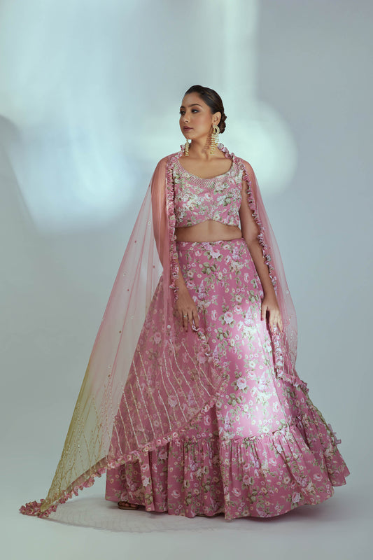 Pink Floral printed lehenga Set