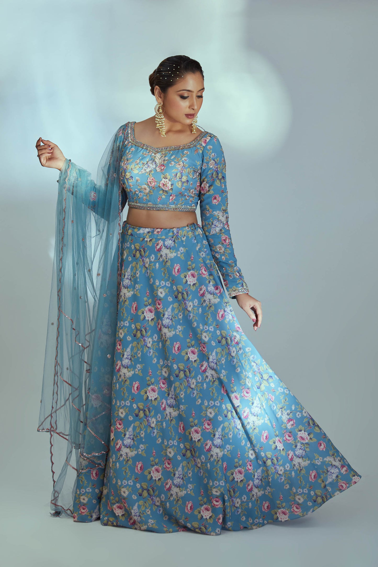 Blue floral printed lehenga set