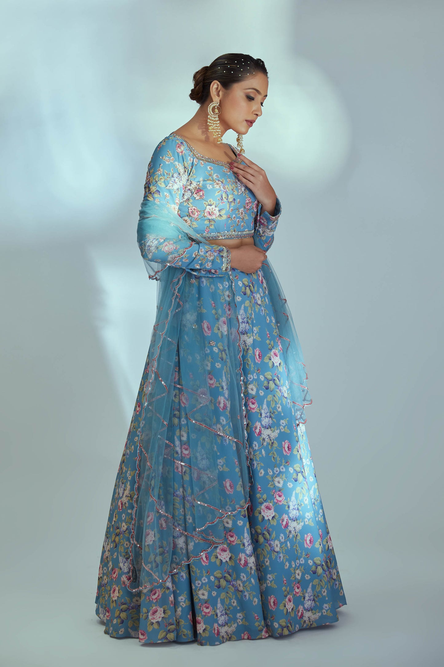 Blue floral printed lehenga set