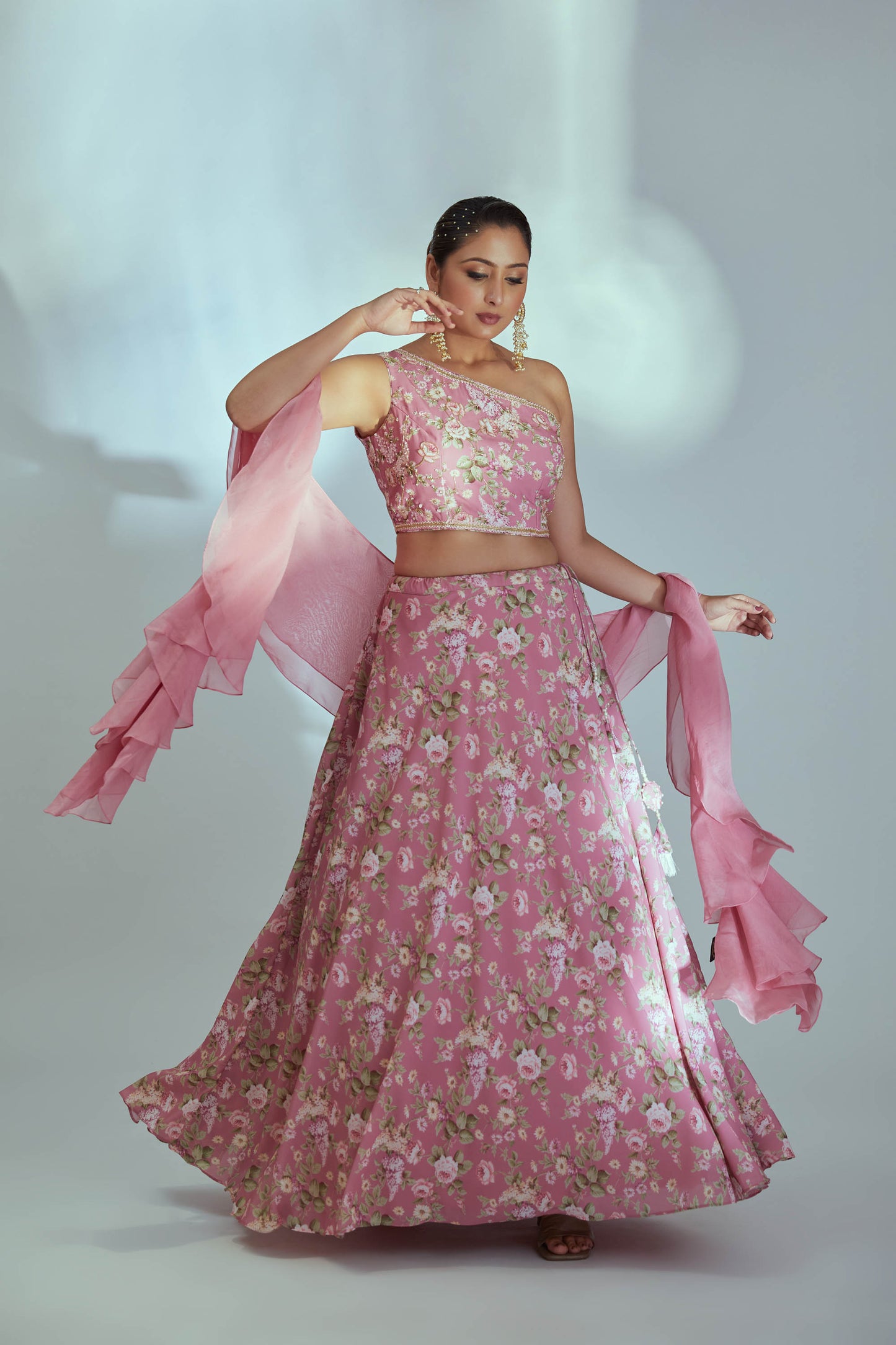 Floral one shoulder lehenga set