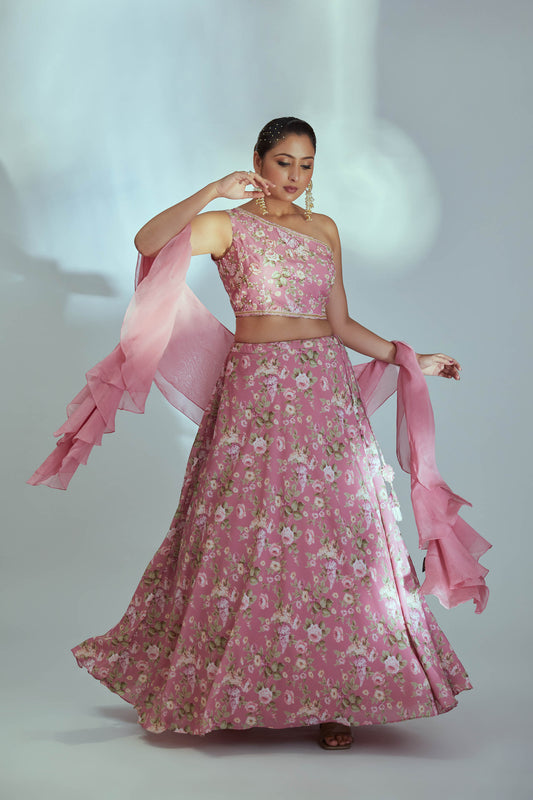 Floral one shoulder lehenga set