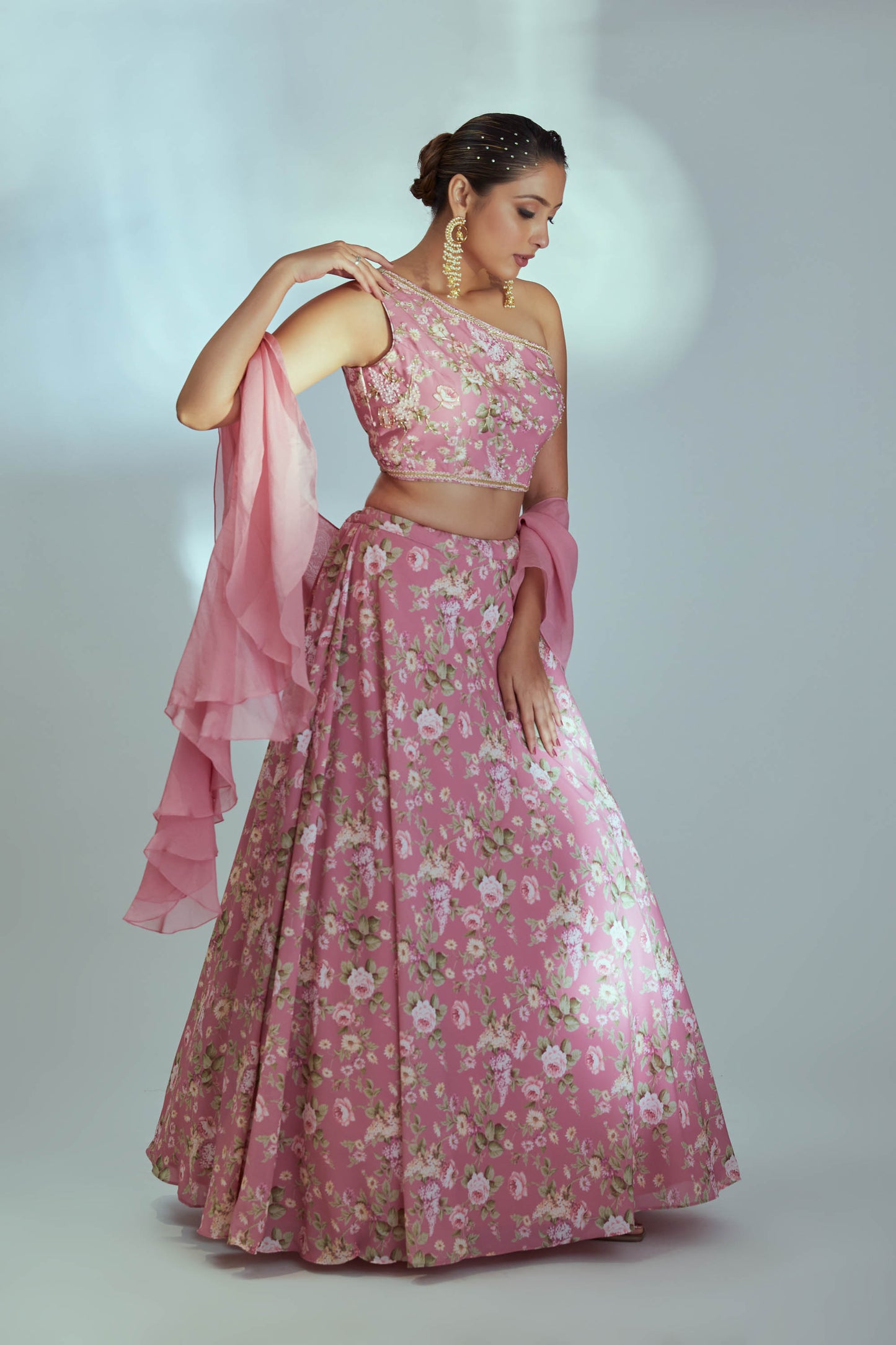 Floral one shoulder lehenga set