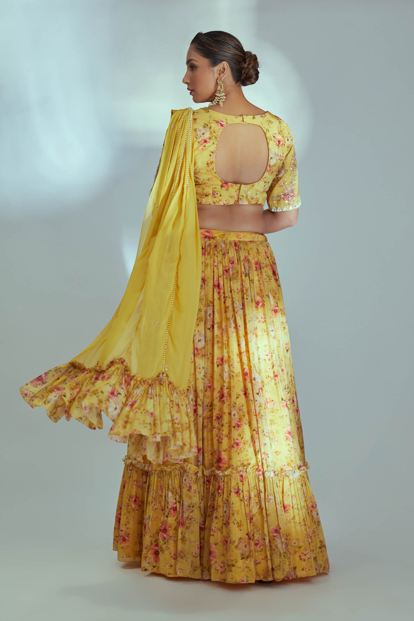 Yellow pre drape printed lehenga set