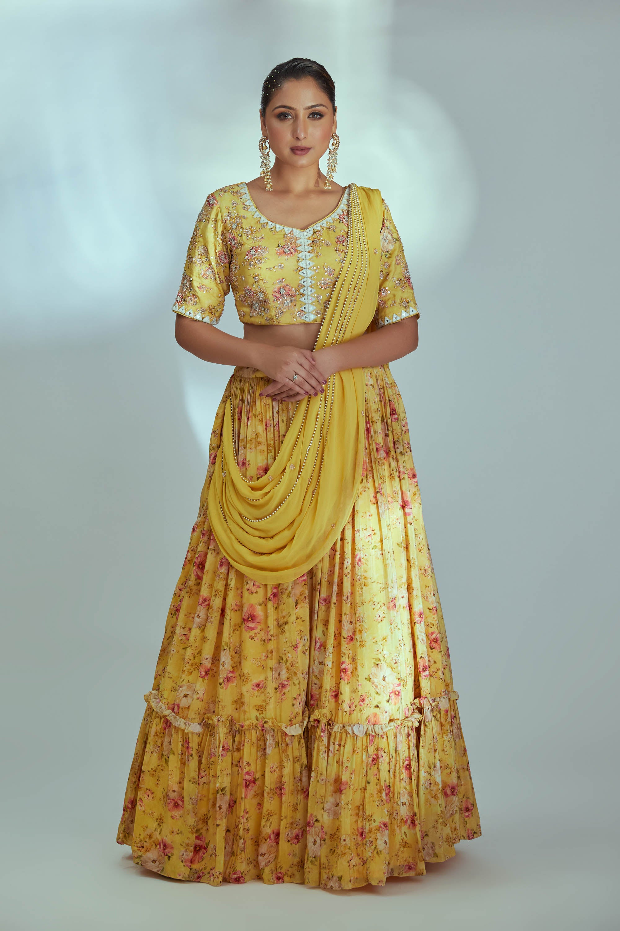 Yellow pre drape printed lehenga set
