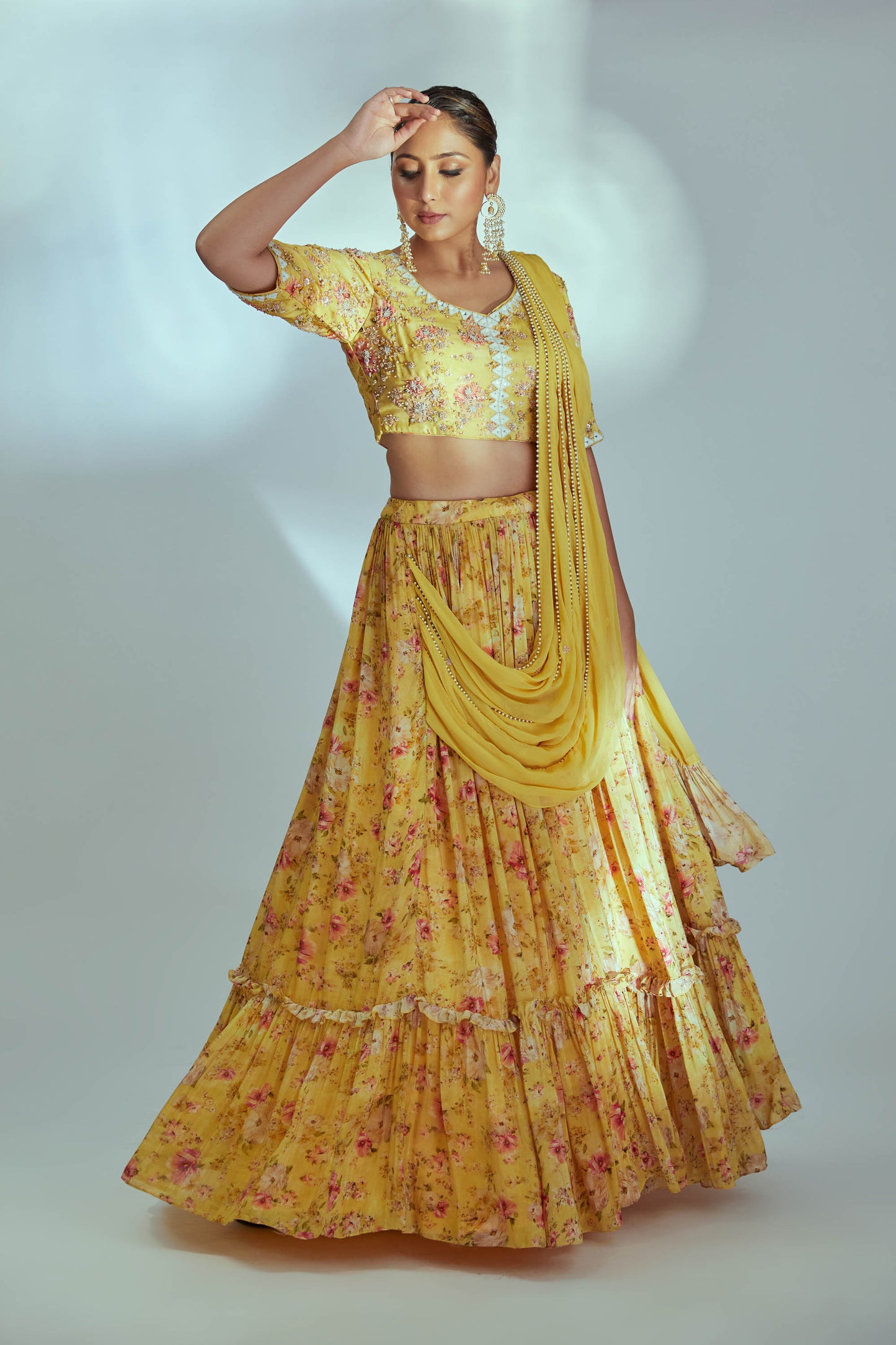 Yellow pre drape printed lehenga set