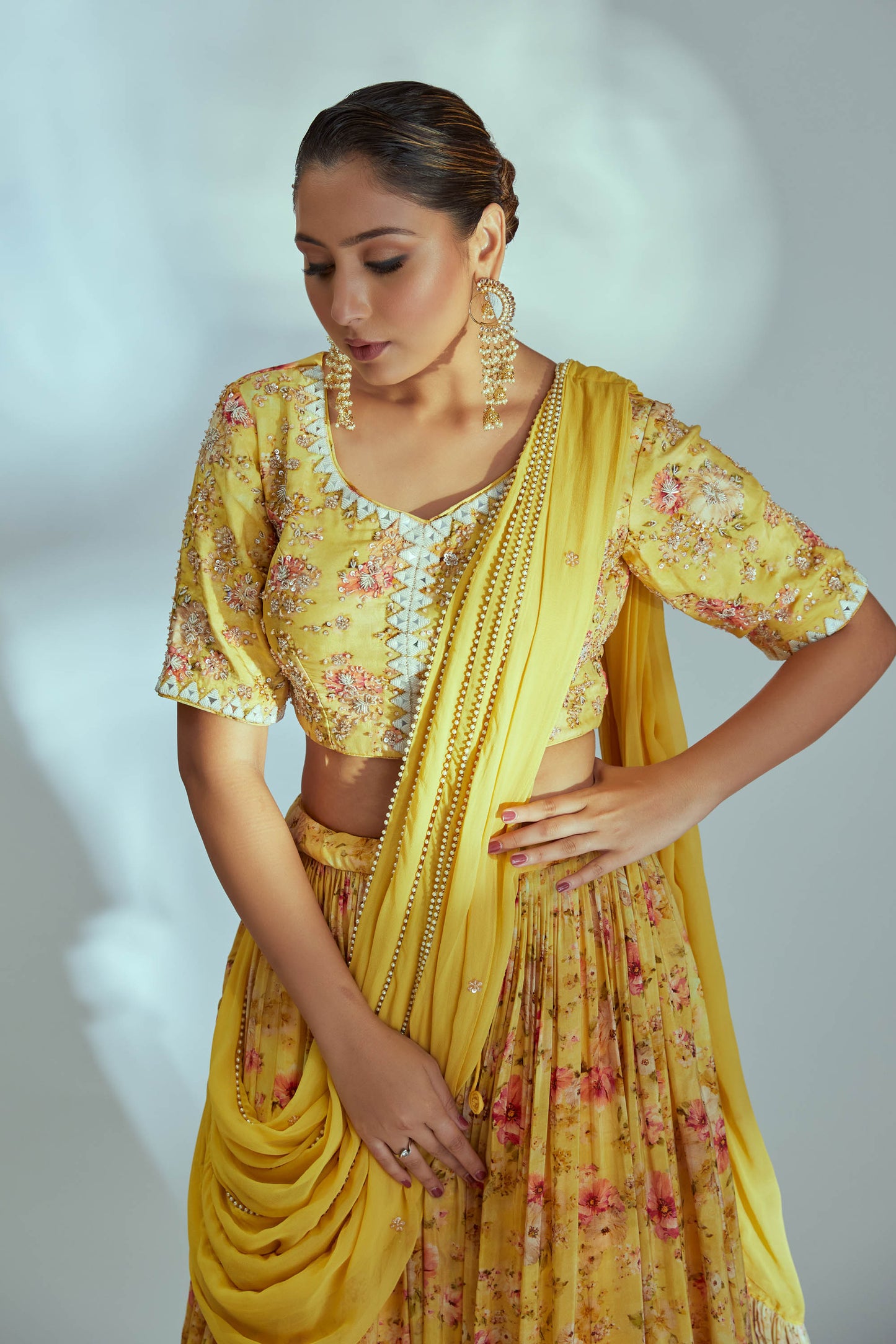 Yellow pre drape printed lehenga set