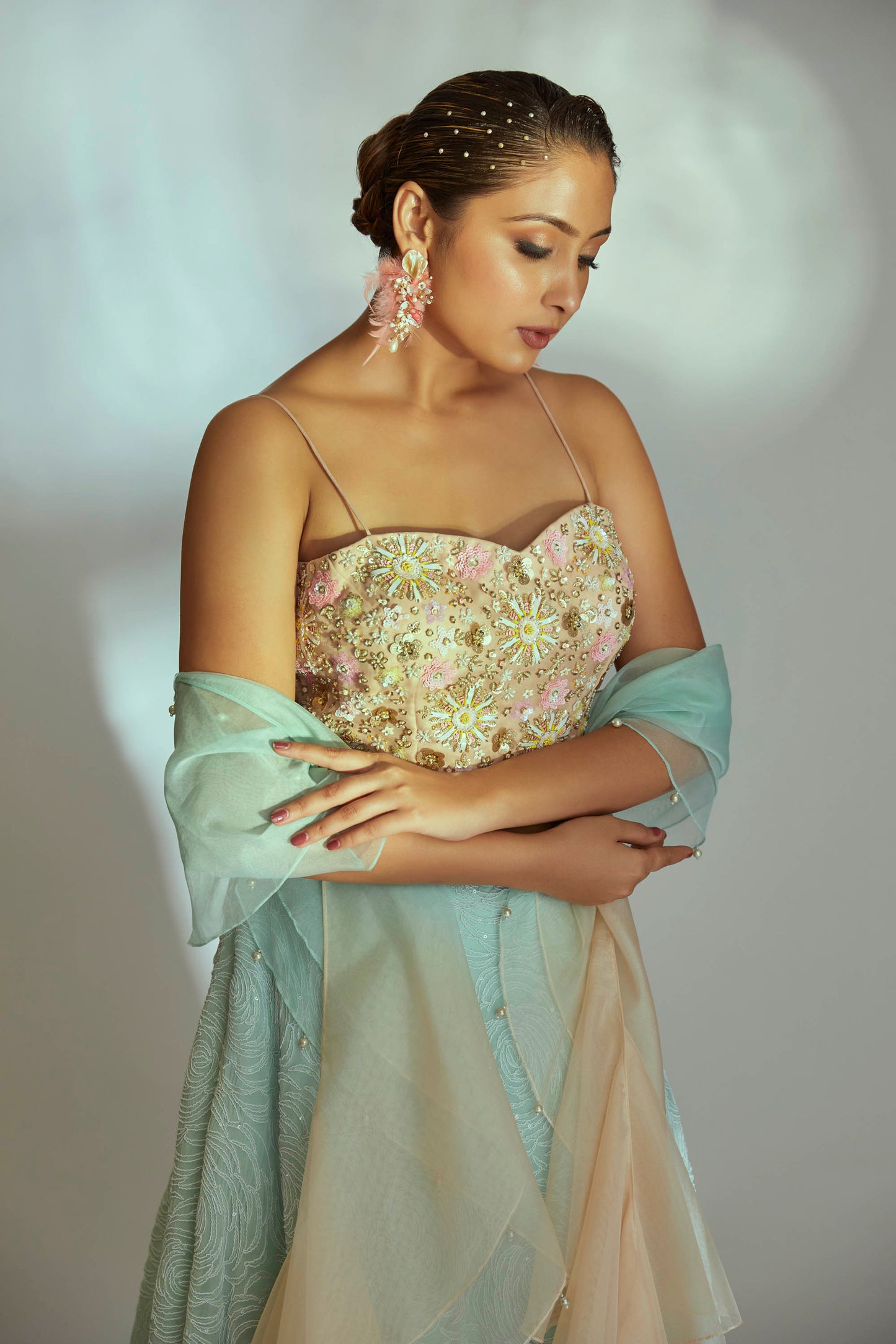 Sea green bustier lehenga set