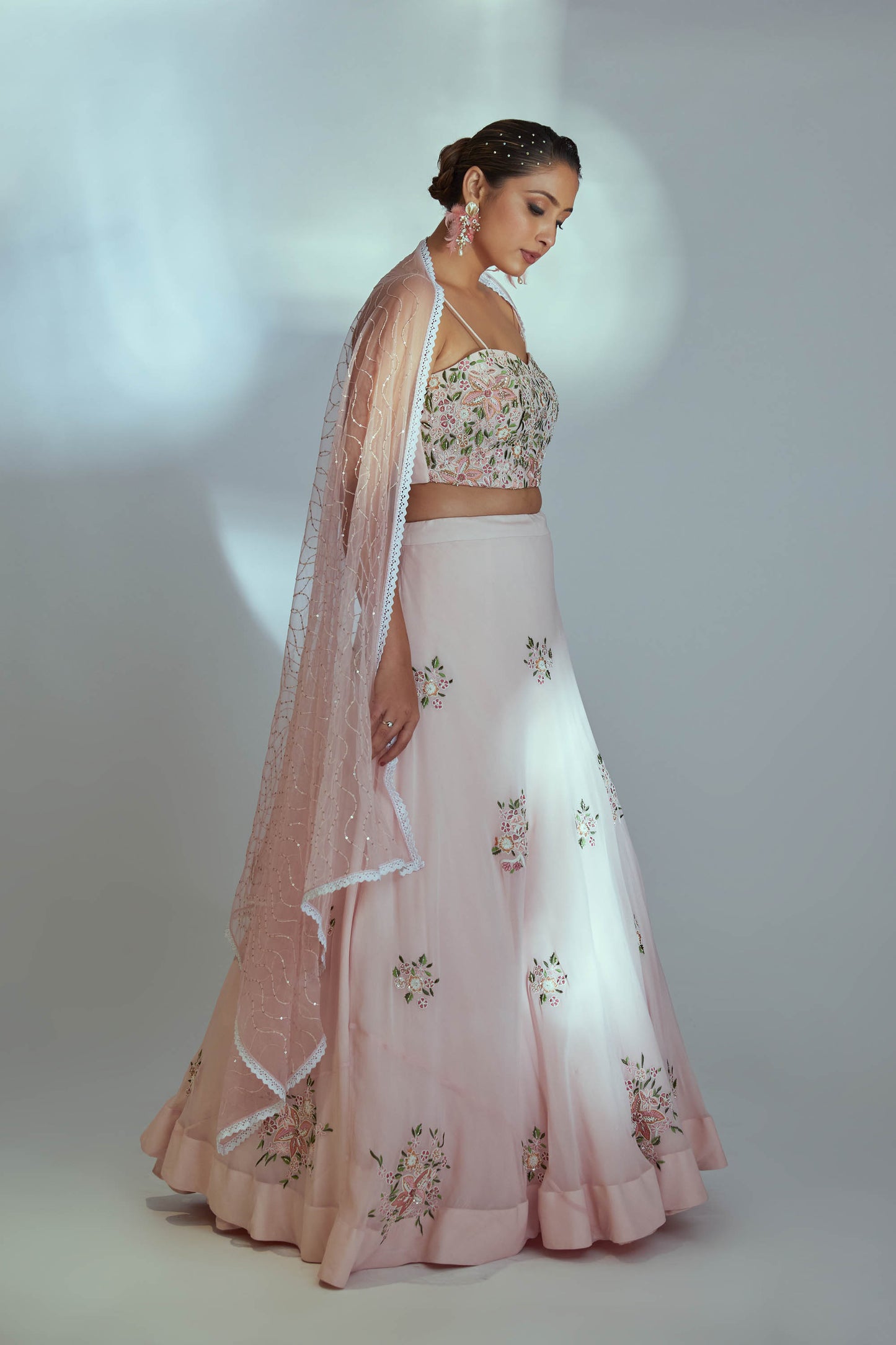 Pink bustier thread work lehenga set