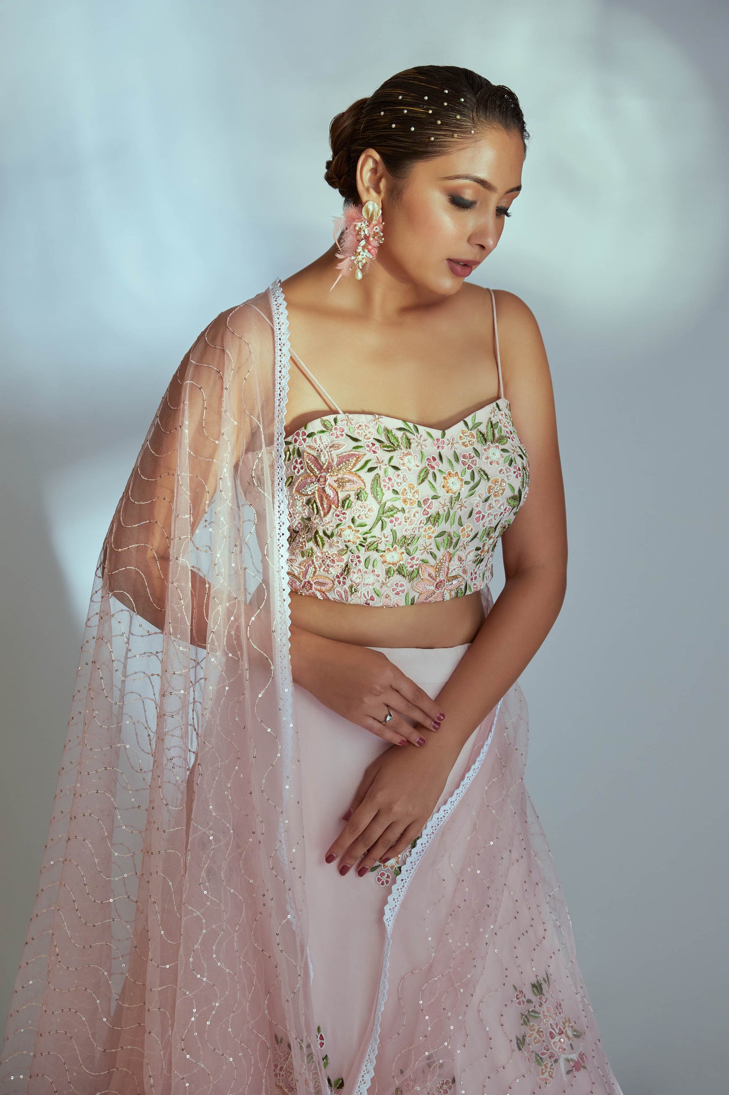 Pink bustier thread work lehenga set