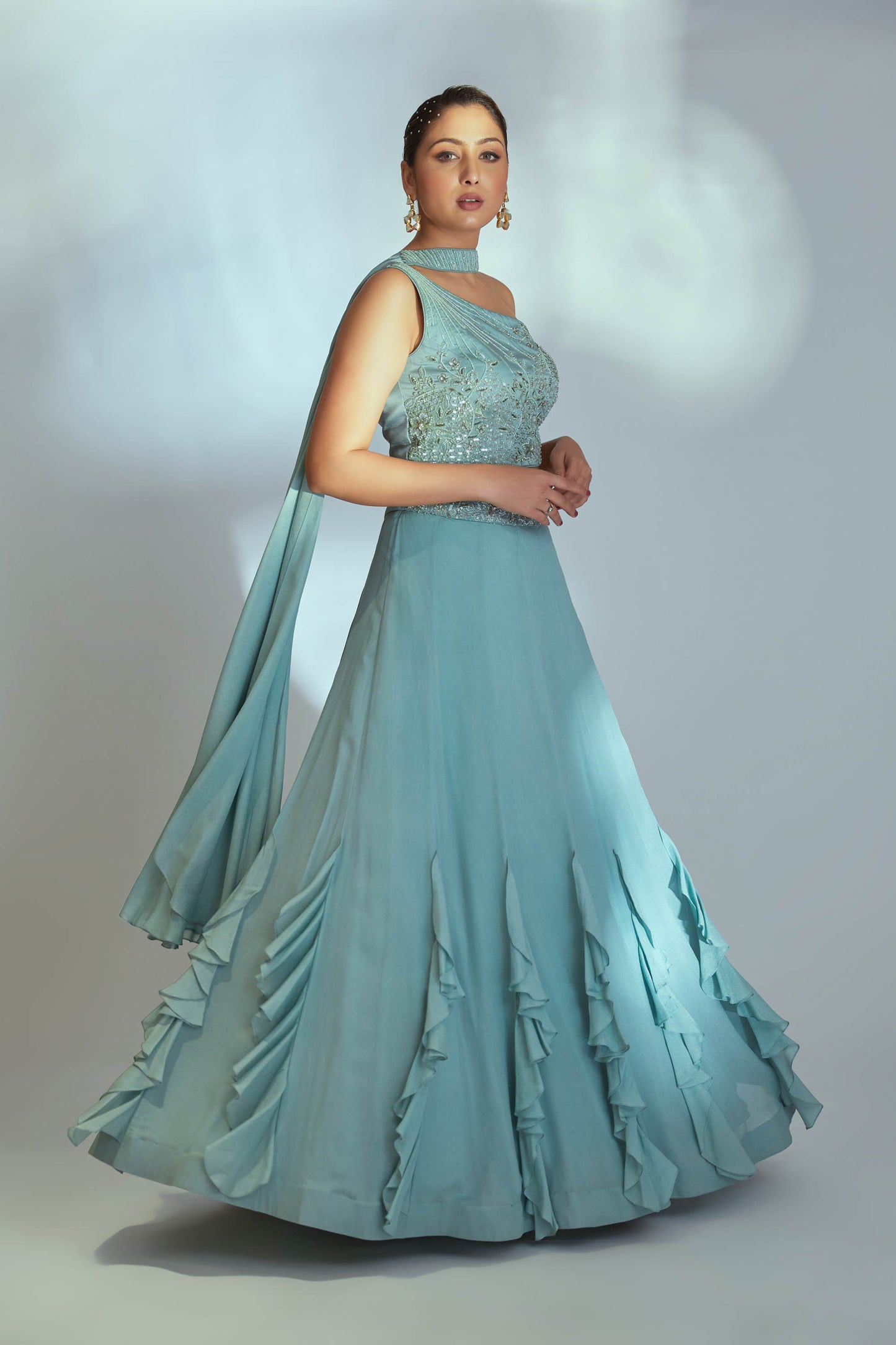 Sea green one shoulder lehenga set