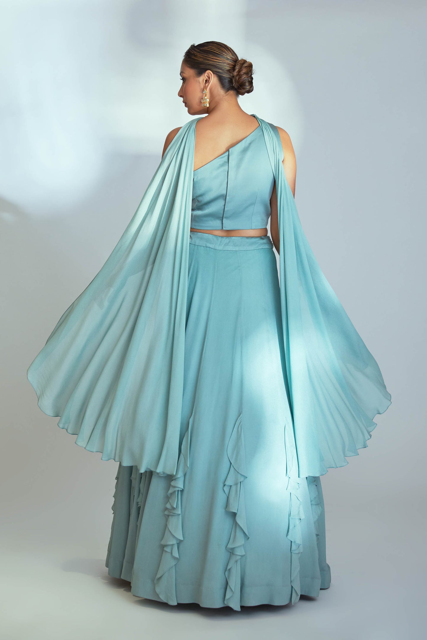 Sea green one shoulder lehenga set