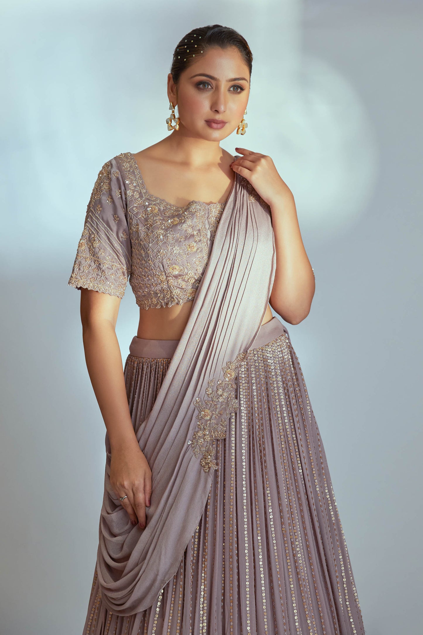 Greyish Nude Georgette Lehenga Set