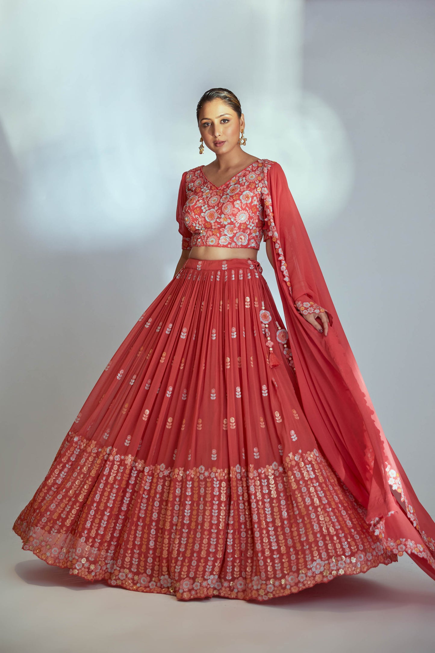 Coral multi sequin lehenga set