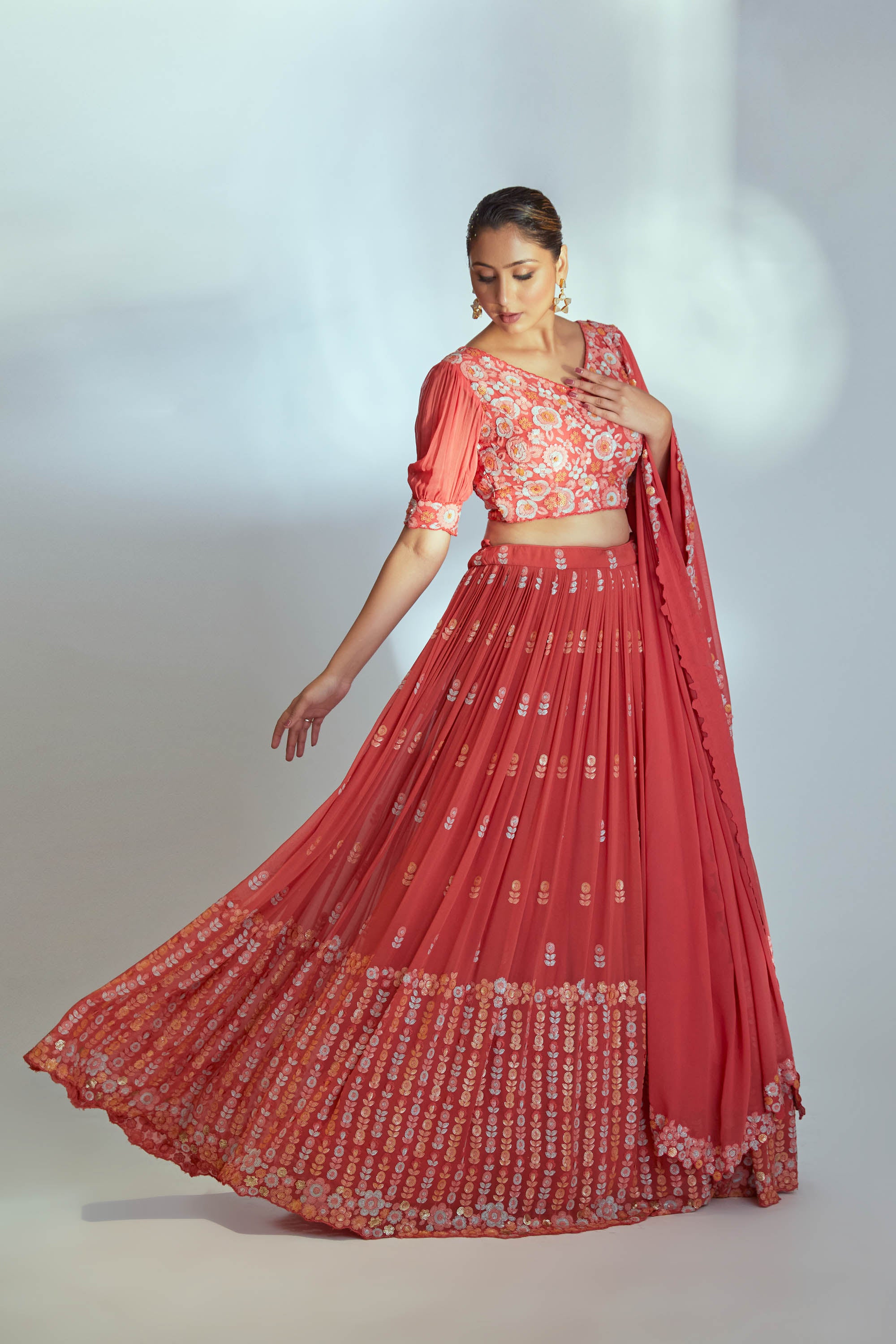Coral multi sequin lehenga set