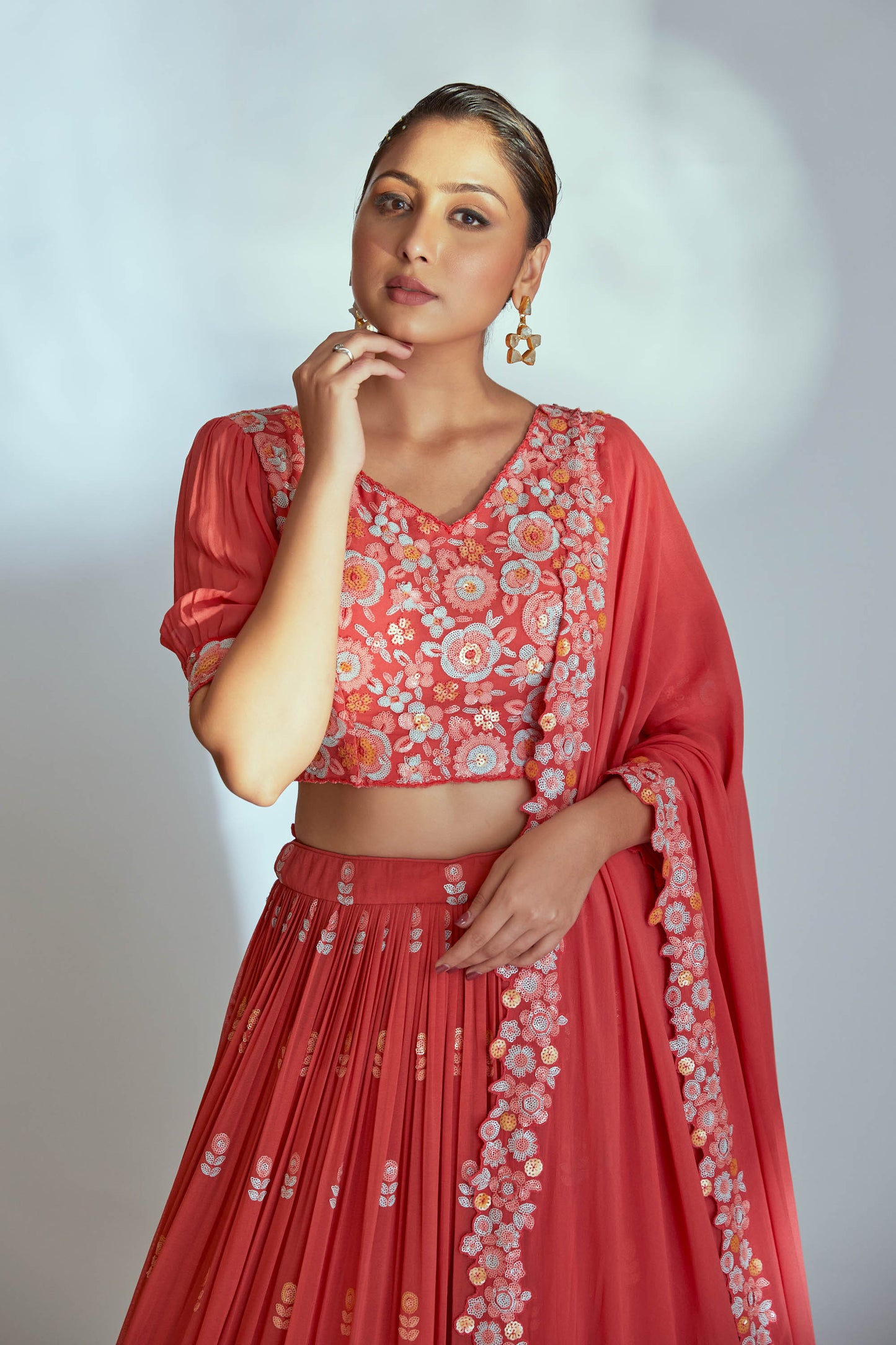 Coral multi sequin lehenga set