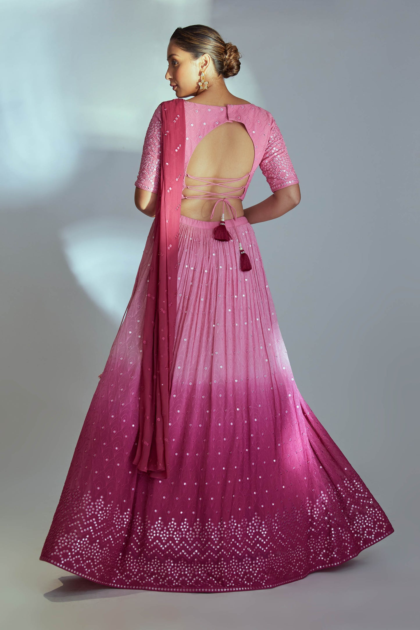 Pink ombre mirror work lehenga set