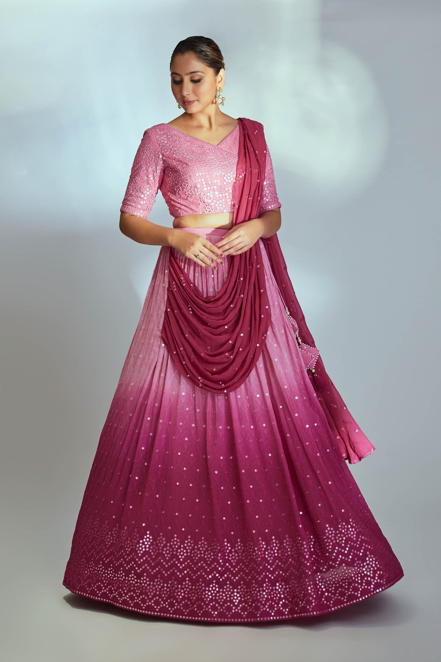 Pink ombre mirror work lehenga set