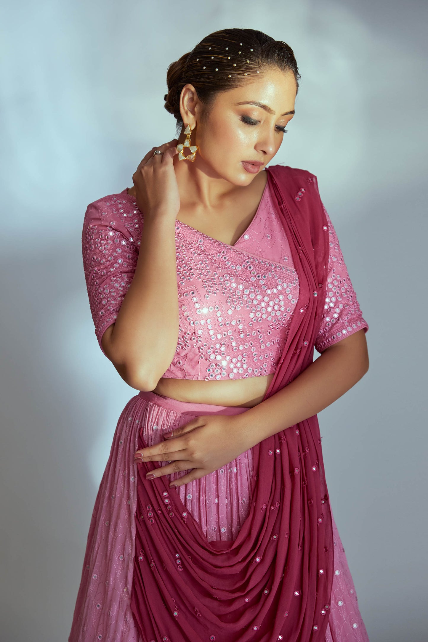 Pink ombre mirror work lehenga set