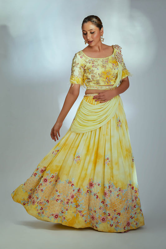 Tie dye yellow thread work lehenga set