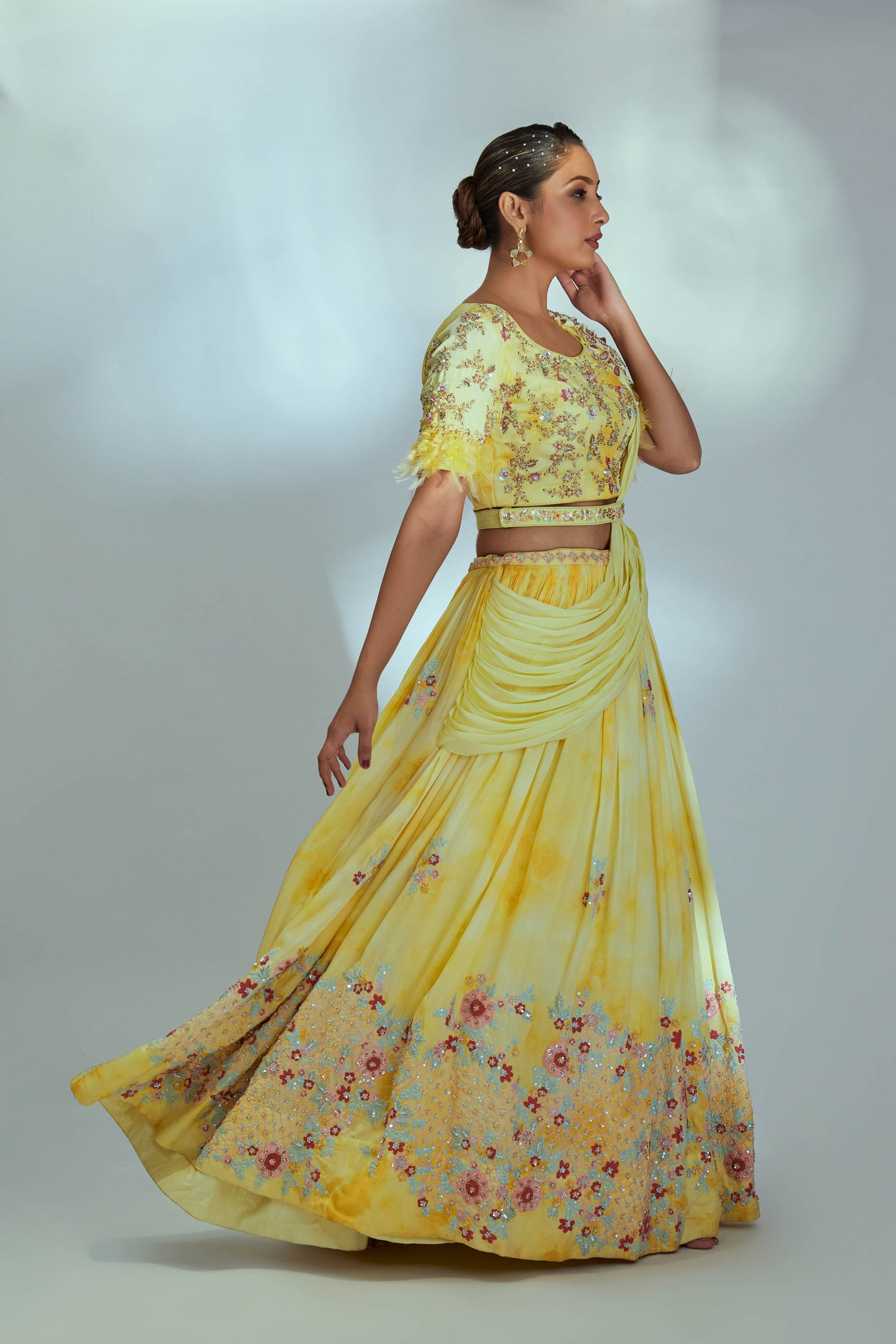 Tie dye yellow thread work lehenga set