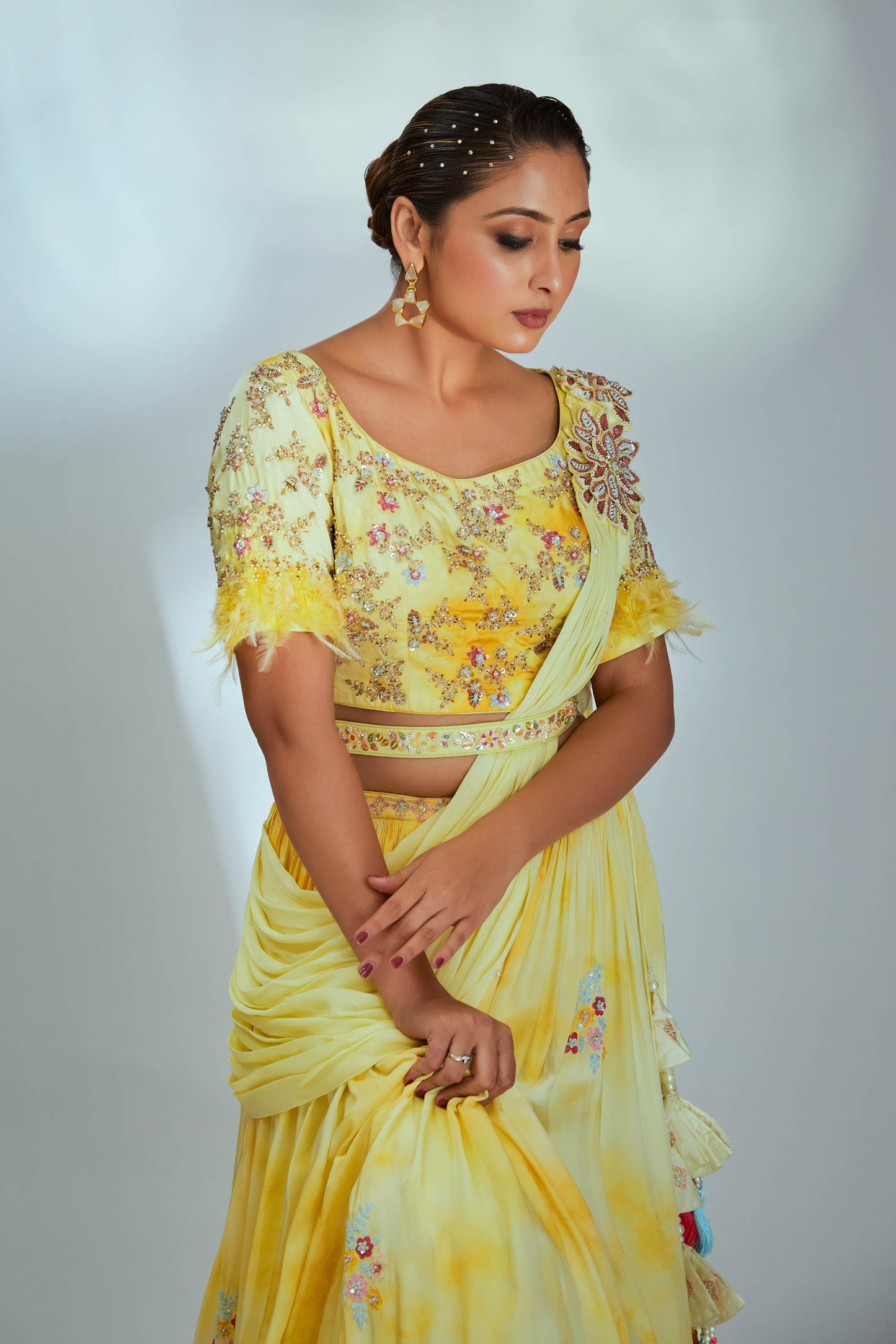 Tie dye yellow thread work lehenga set