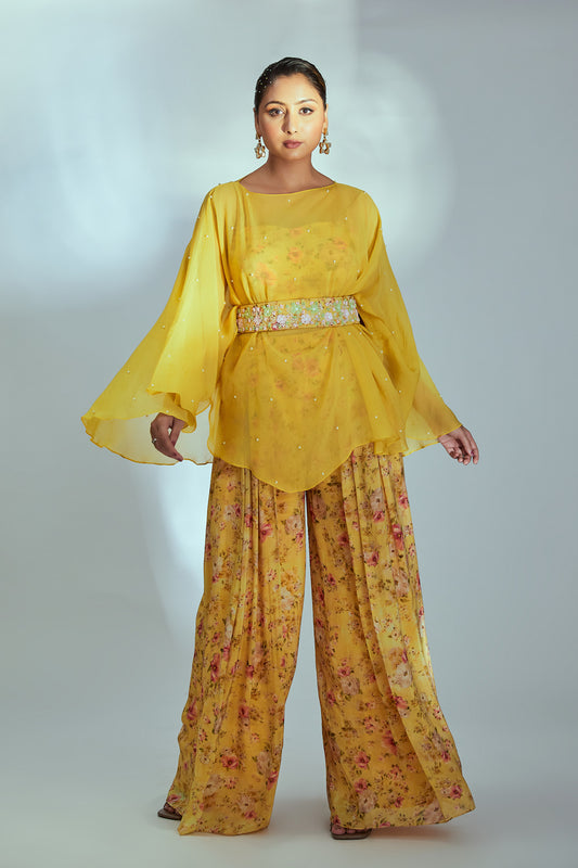 Yellow Organza Kaftan Set