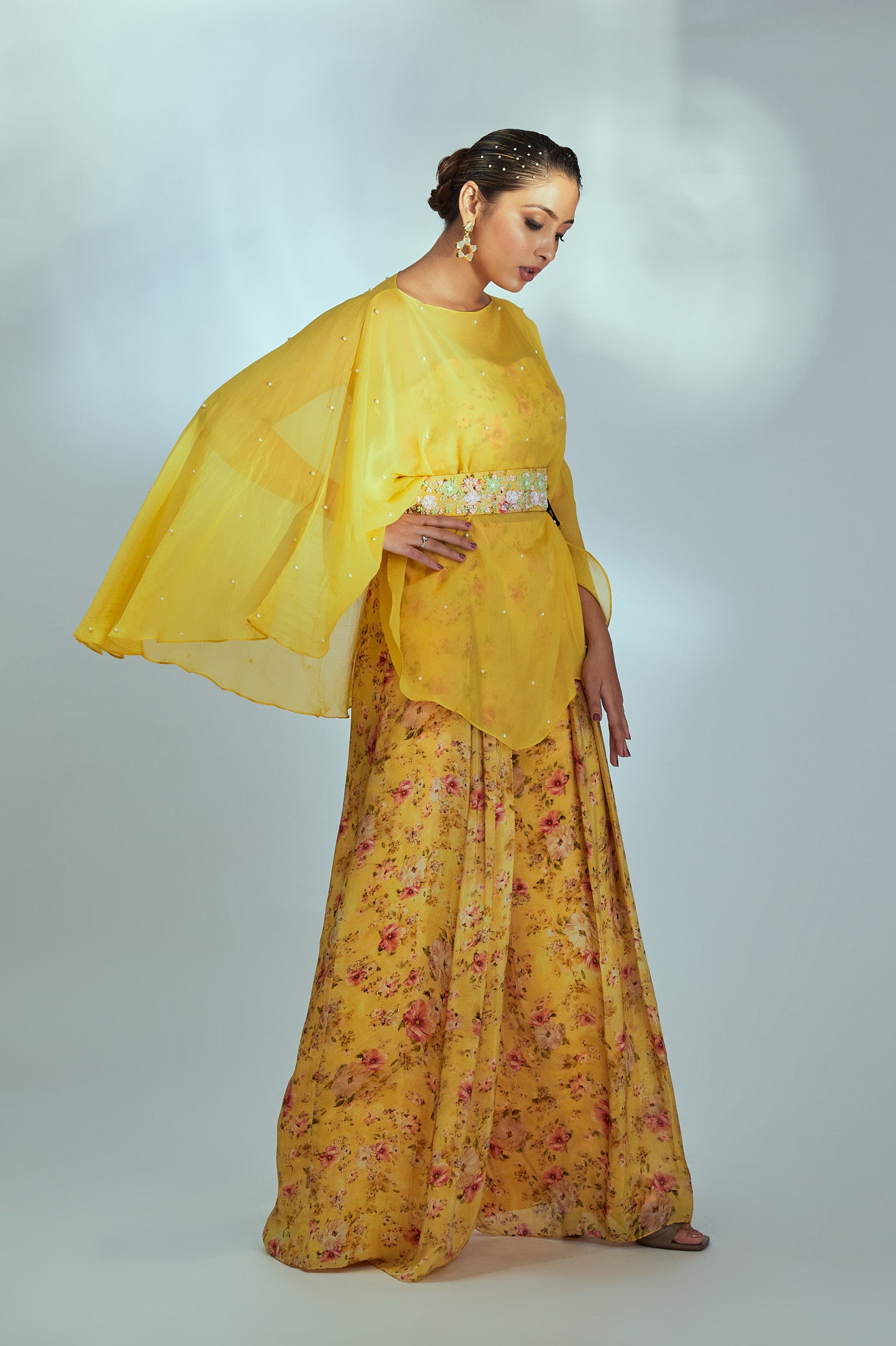 Yellow Organza Kaftan Set