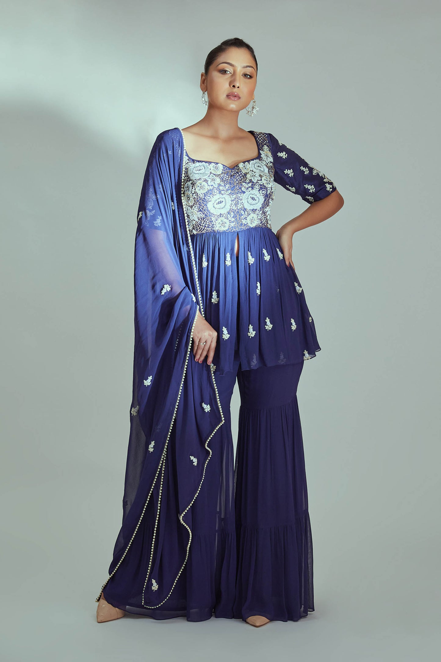 Blue Georgette & Tussar Silk Sharara Set