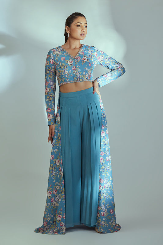 Blue Georgette & Crepe Pant Set