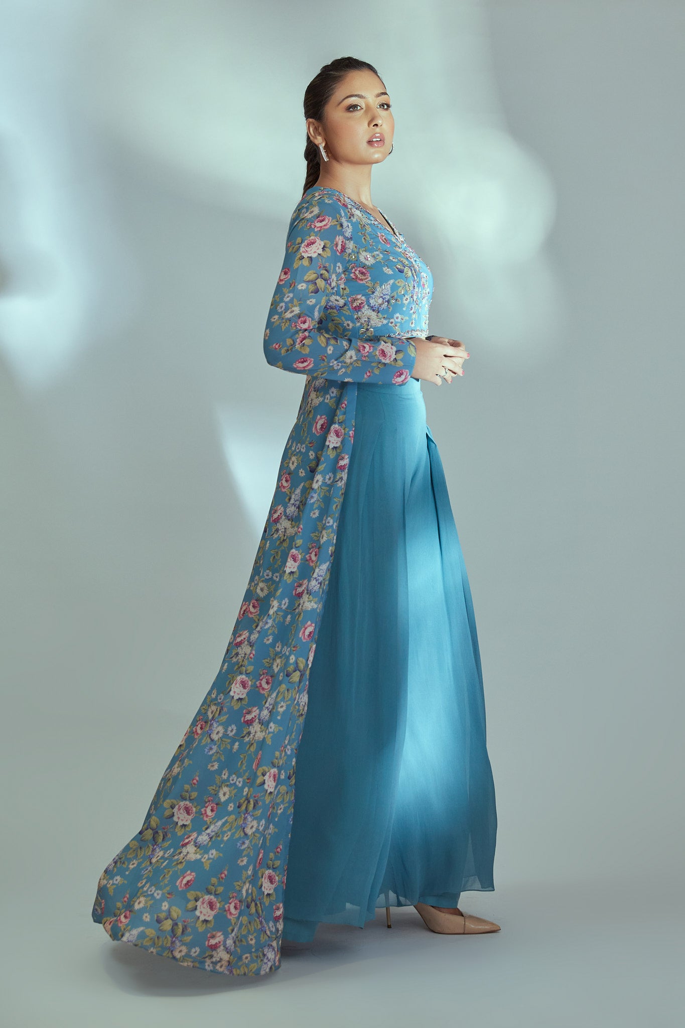 Blue Georgette & Crepe Pant Set