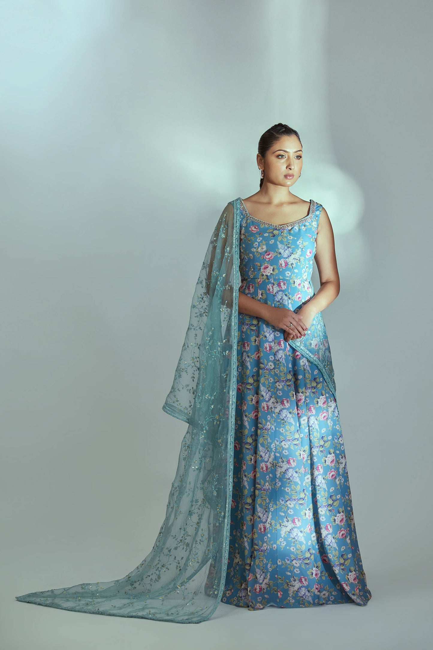 Blue Printed Anarkali Set